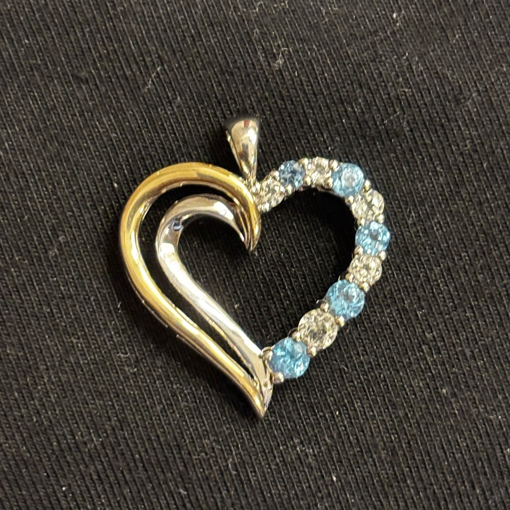 Heart Pendant with Blue and White crystals. Gold and silver. Two tone.